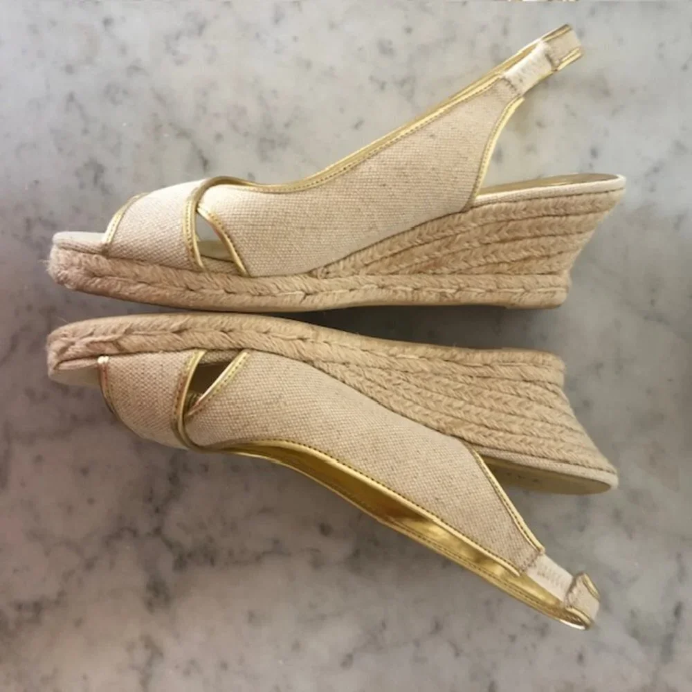 TALBOTS Linen Gold Cross Toe Jute Slingback Wedge Sandals 9 1/2M